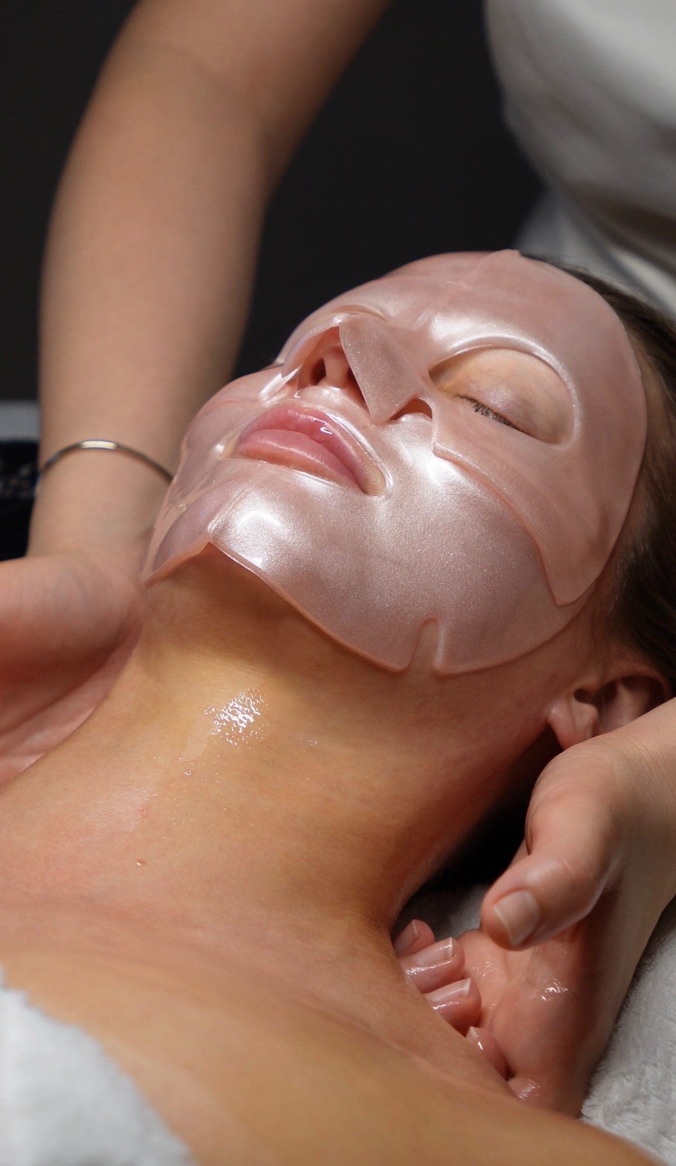 KNESKO rose quartz collagen mask applied during a luxury facial at Skin Study Med Spa in Plano, TX